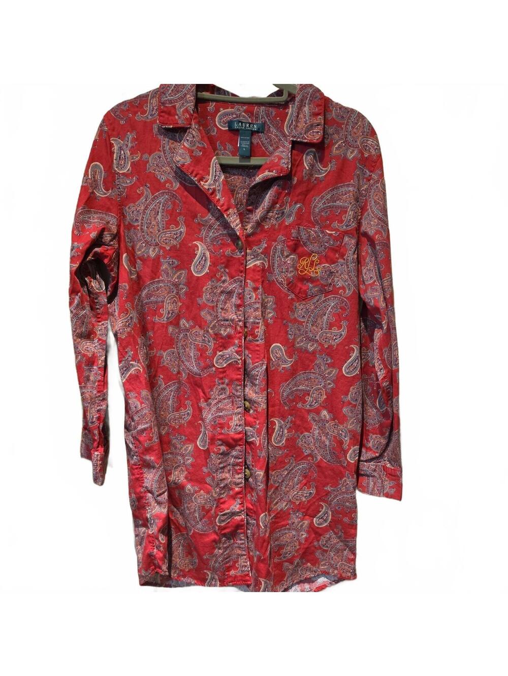 Lauren Ralph Lauren Red Paisley Cotton Sleep Shirt Nightgown Womens Large